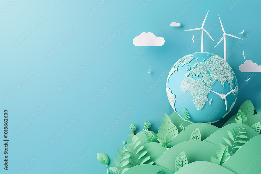 Naklejka premium Paper cut illustration of a globe surrounded by windmills on a blue background. This image symbolizes renewable energy and environmental protection