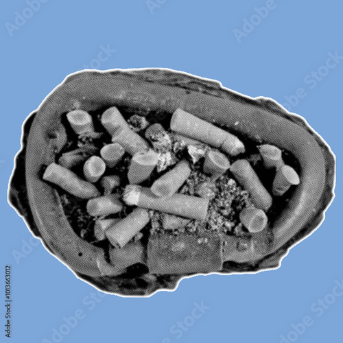 Close up of ashtray full of cigarette stub pixelate color halftone dotted texture style collage element isolated on blue background