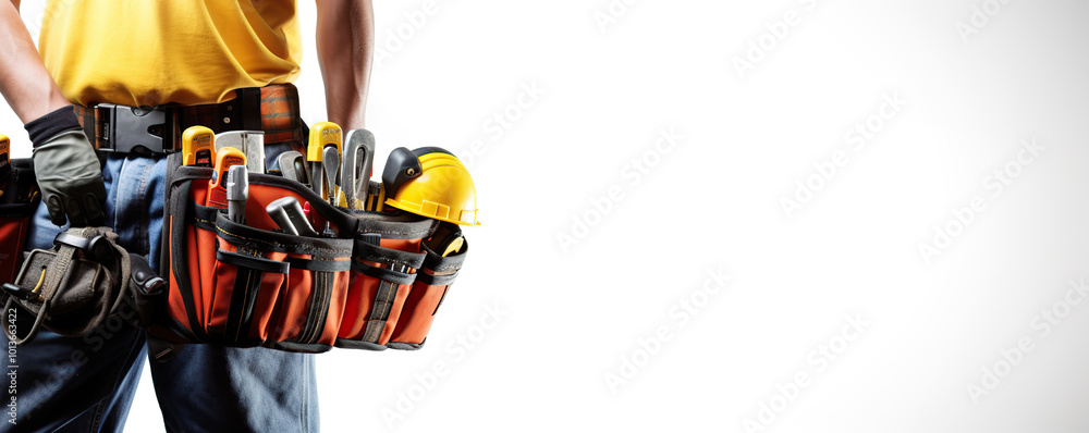 A worker wearing a tool belt filled with essential tools A worker wearing a tool belt filled with essential tools