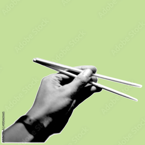 close up of hand holding chopsticks pixelate grayscale color halftone dotted texture style collage element isolated on green background