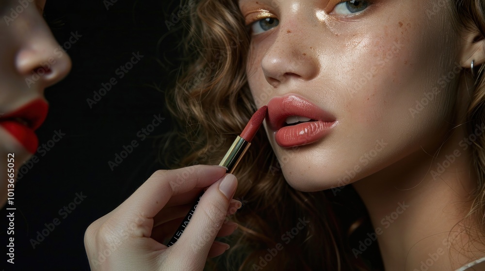 Obraz premium Applying red Lipstick on a beautiful female Model with Beautiful Hair AI generated Image
