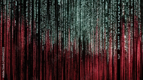Abstract digital code, resembling falling rain, with red and white highlights on a black background.
