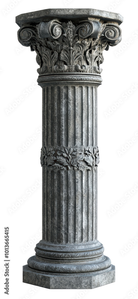 A tall, gray column with a decorative base. The column is standing alone on a white background A tall, gray column with a decorative base. The column is standing alone on a white background