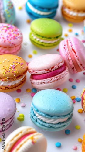 Colorful macaron cookies, white background, 4K hyperrealistic photo