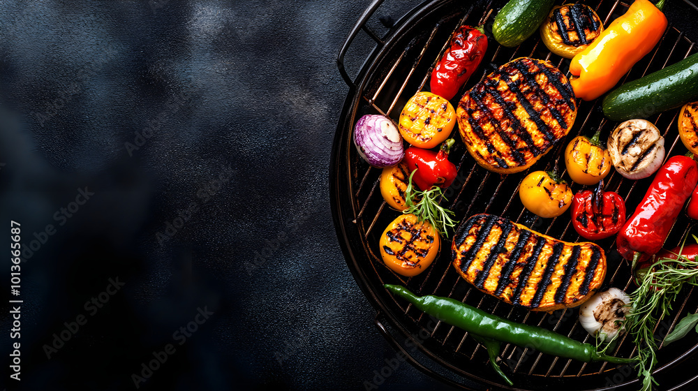 Grilled vegetables and meat on barbecue grill create vibrant feast Grilled vegetables and meat on barbecue grill create vibrant feast