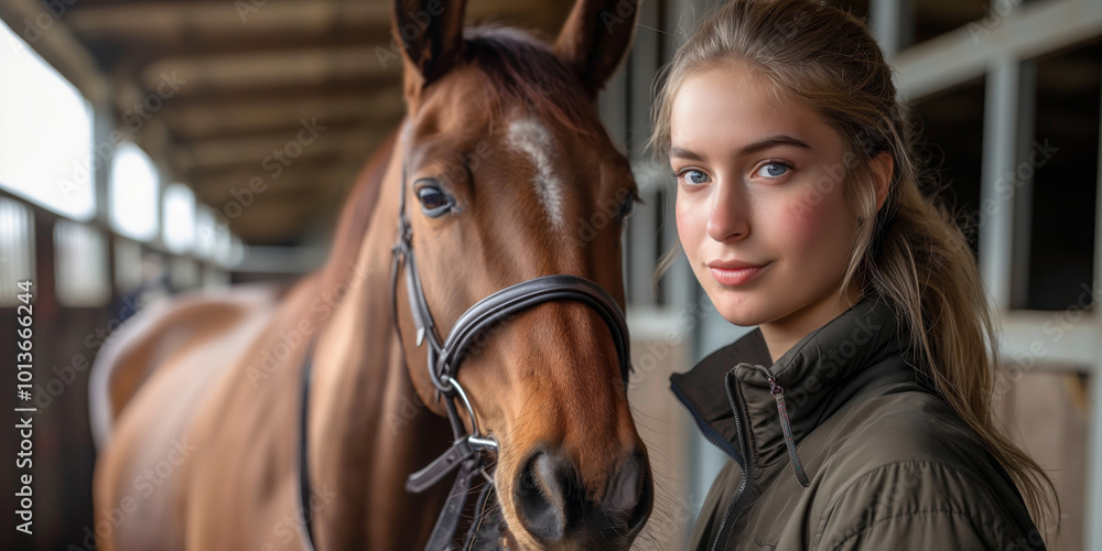 Fototapeta premium Young Woman with Brown Horse in Modern Equestrian Stable