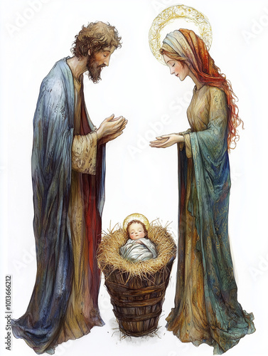 Holy Family, Nativity Scene, Christmas Illustration