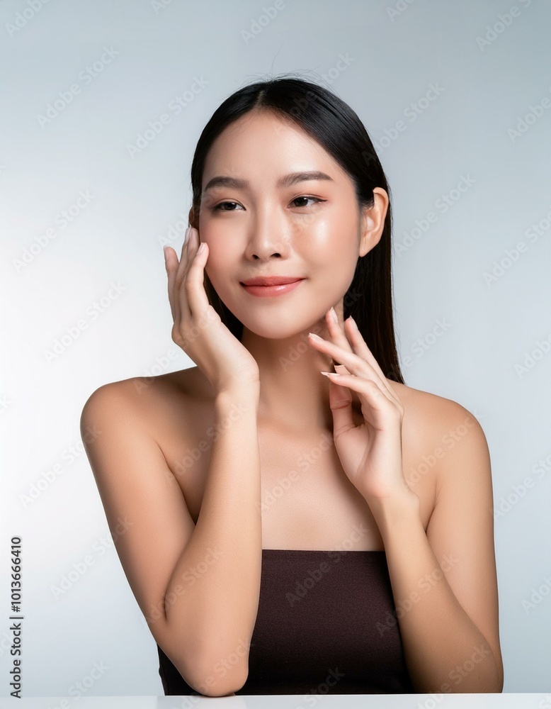 A woman touches her face, radiating natural beauty and a glowing complexion, representing the power of skincare and self-care A woman touches her face, radiating natural beauty and a glowing complexion, representing the power of skincare and self-care