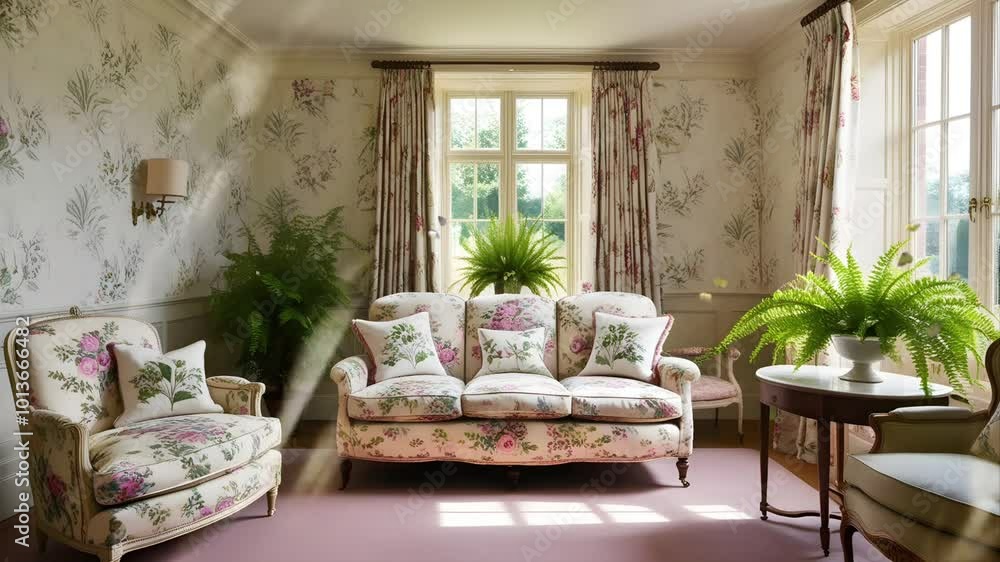 Living room with patterned sofa and houseplants. Seamless 4K looping timelapse video animation background Living room with patterned sofa and houseplants. Seamless 4K looping timelapse video animation background
