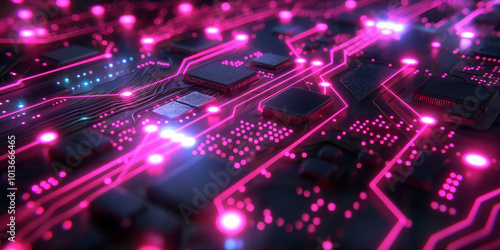 Futuristic Neon Circuit Board with Glowing Pink Lights for Modern Technology Concepts