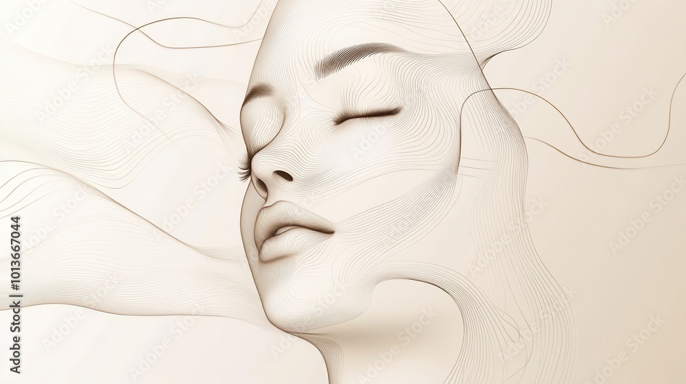 Flowing lines gracefully form the delicate and tranquil outline of a female face, conveying serenity and beauty in soft tones. Generative AI Flowing lines gracefully form the delicate and tranquil outline of a female face, conveying serenity and beauty in soft tones. Generative AI