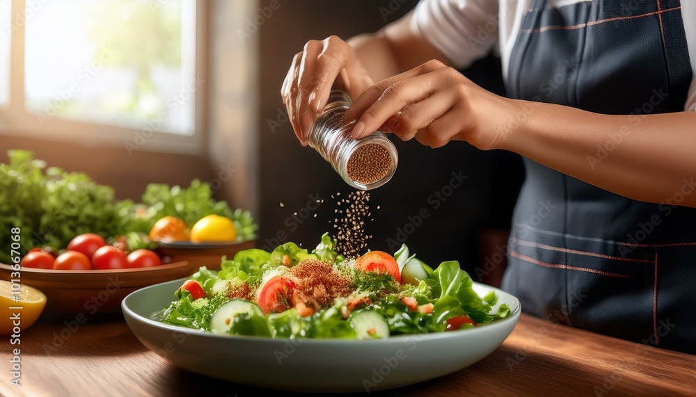 Close-up of hands seasoning a salad with pepper, highlighting the importance of fresh ingredients and personal touches in cooking. Close-up of hands seasoning a salad with pepper, highlighting the importance of fresh ingredients and personal touches in cooking.
