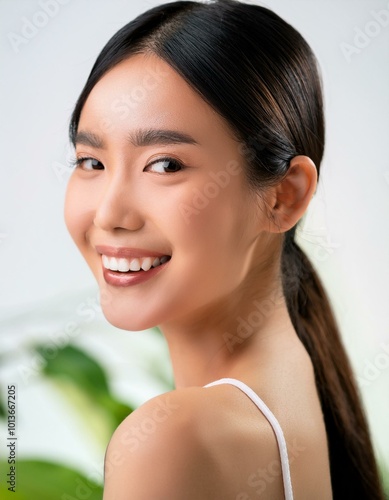 closeup portrait emphasizes the natural beauty of a woman's glowing complexion and highlights the importance of skincare routine and healthy living.