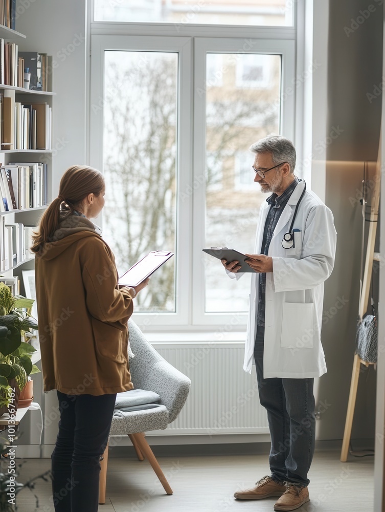 Obraz premium A doctor explains a diagnosis to a patient in a welcoming, well-lit consultation room, fostering open communication about health. Generative AI