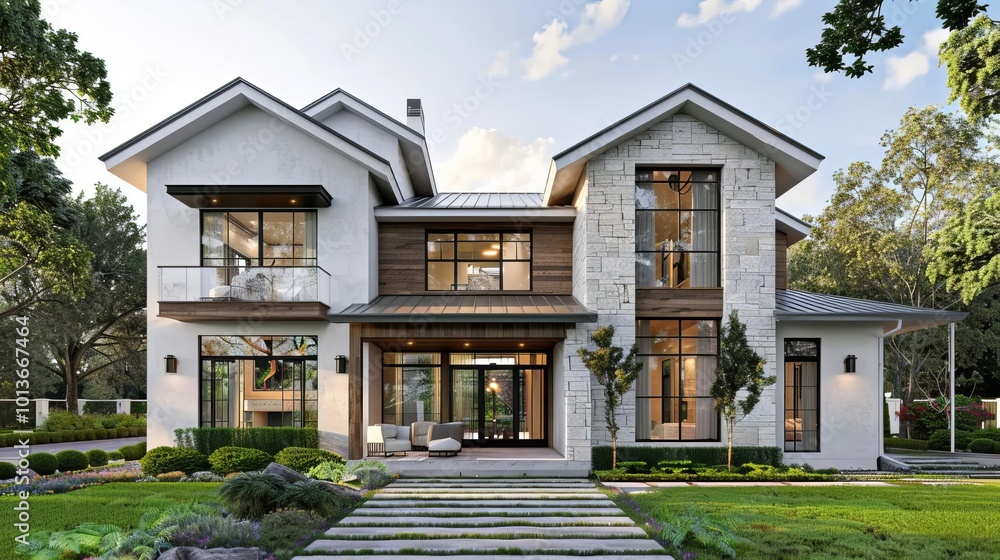 Two story modern house with white roof, stone facade, wooden accents, large windows, greenery around, minimalist style, photorealistic rendering, front view Two story modern house with white roof, stone facade, wooden accents, large windows, greenery around, minimalist style, photorealistic rendering, front view