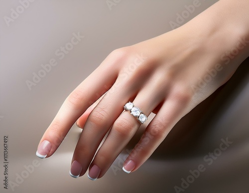 A hand adorned with a simple white ring, showcasing elegance and understated beauty photo