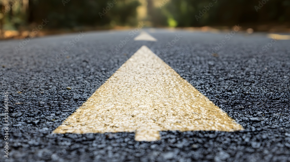 Conceptual image of an asphalt road featuring a direction arrow, symbolizing choice and decision-making Conceptual image of an asphalt road featuring a direction arrow, symbolizing choice and decision-making
