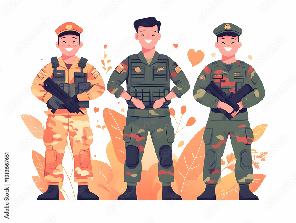 Fototapeta premium Heartwarming Candid Photo of a Flat Soldier Laughing with Comrades Amidst Military Equipment - Capturing Resilience and Camaraderie on Hari Pahlawan