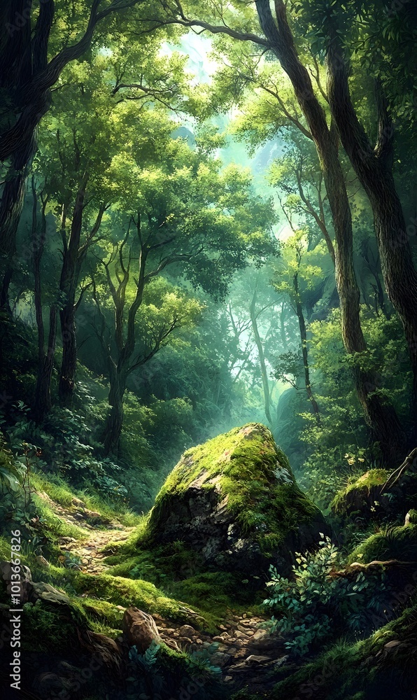 2. An enchanting illustration of a scenic forest with a prominent mossy stone, framed by towering trees and vibrant foliage, providing a beautiful backdrop with plenty of space for showcasing products 2. An enchanting illustration of a scenic forest with a prominent mossy stone, framed by towering trees and vibrant foliage, providing a beautiful backdrop with plenty of space for showcasing products