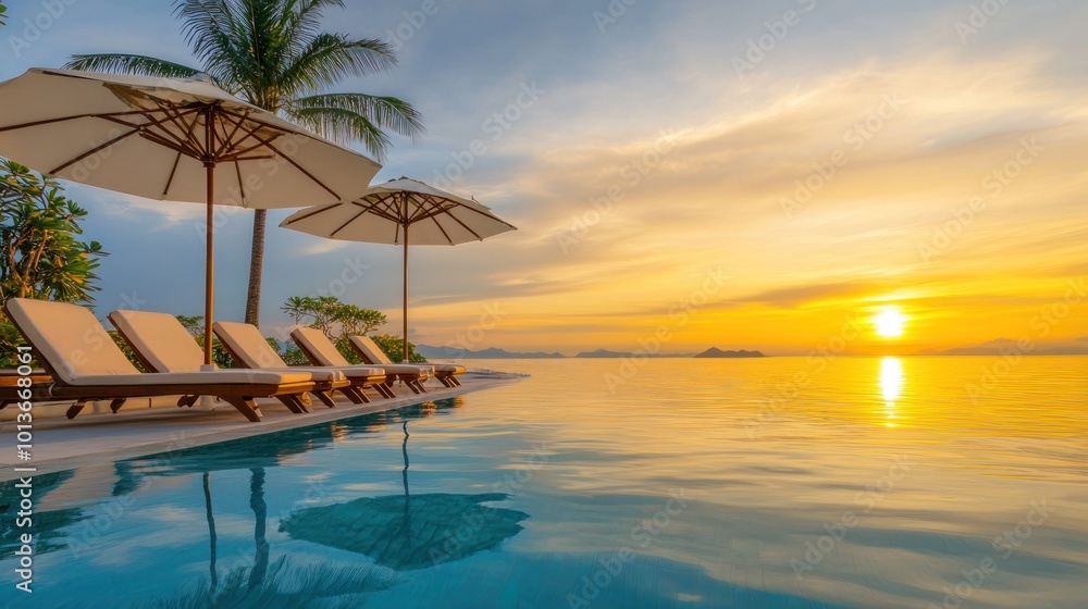 An infinity pool with lounge chairs and white umbrellas overlooking a tropical ocean at sunset. An infinity pool with lounge chairs and white umbrellas overlooking a tropical ocean at sunset.