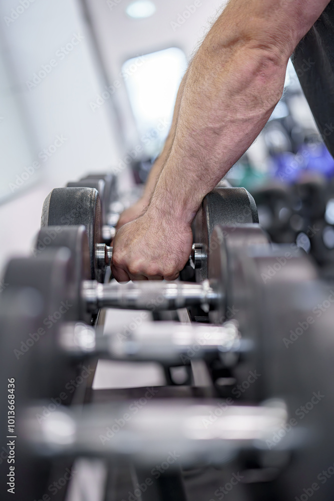 A man in a gym picks up a dumbbell to do weightlifting. A man in a gym picks up a dumbbell to do weightlifting.