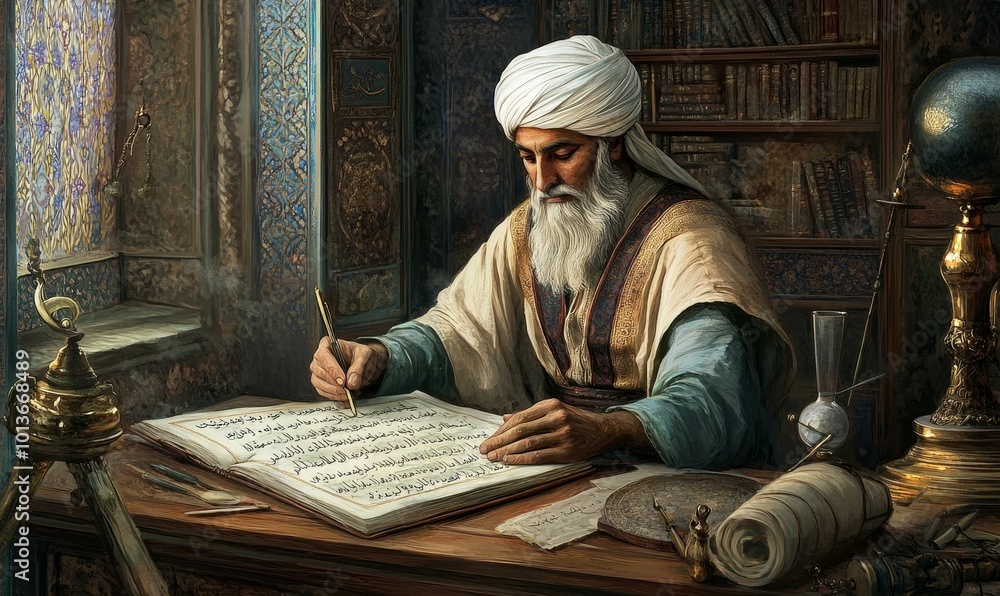 Man in turban writing in a book. Man in turban writing in a book.