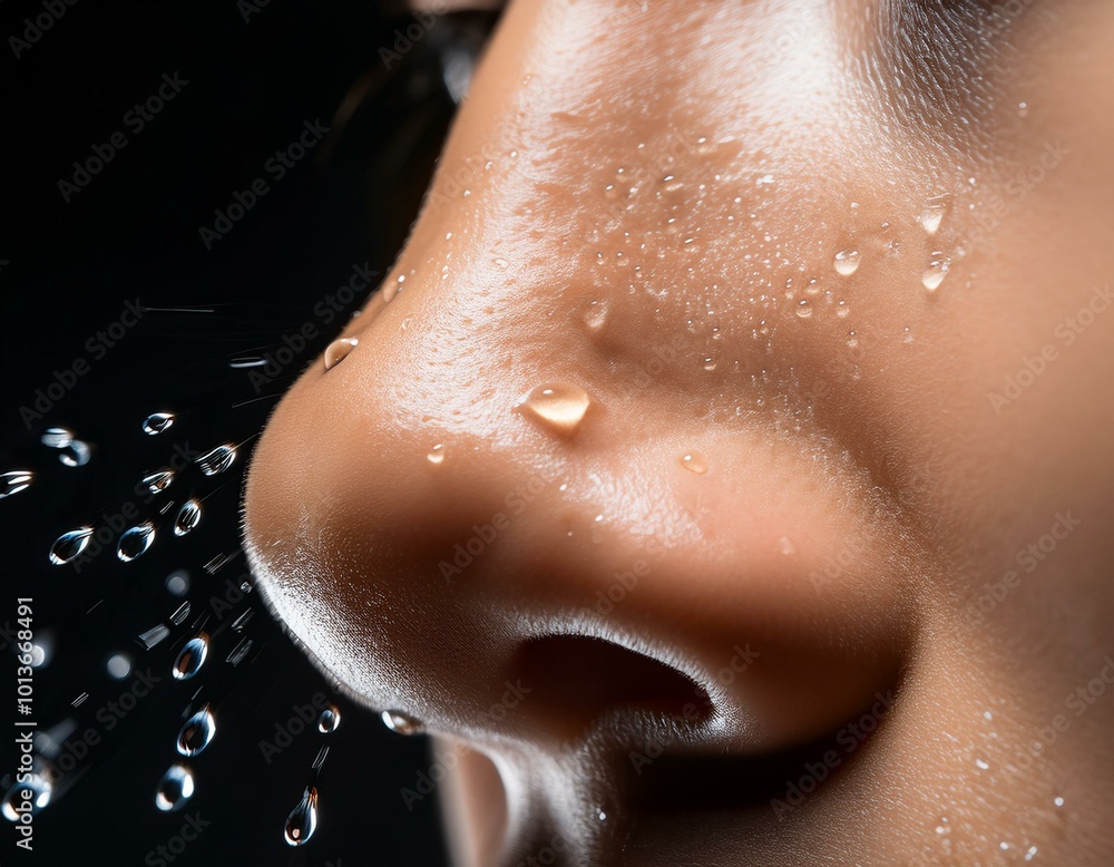 Fototapeta premium The human body's natural cooling system is visible in this image of sweat on a nose.