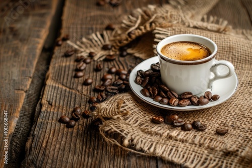 Cup of espresso with coffee beans on rustic wooden table. Coffee and morning beverage concept.