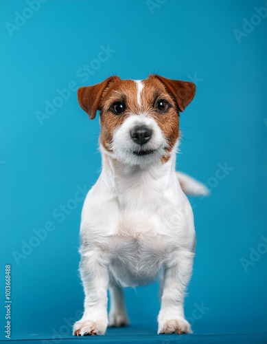 the fun and energetic nature of dogs, with a Jack Russell Terrier standing tall against a light blue background.