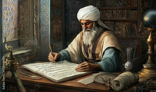 Man in turban writing in a book.