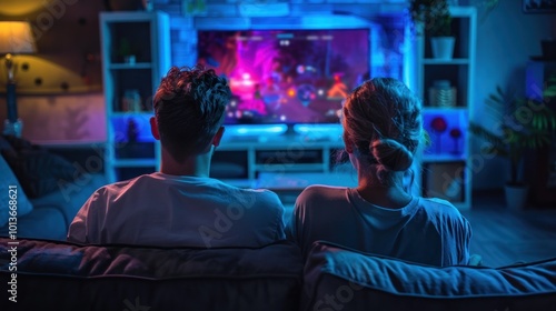 Romantic couple is sitting on the sofa watching a video game, back view AI generated image