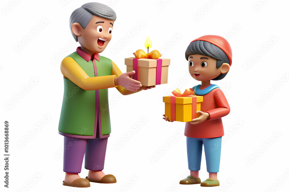 Candid Flat Vector Illustration of Children Receiving Glowing Diwali Gifts from Elders with Joyful Excitement, Celebrating Traditions and Happiness of Diwali Festivities