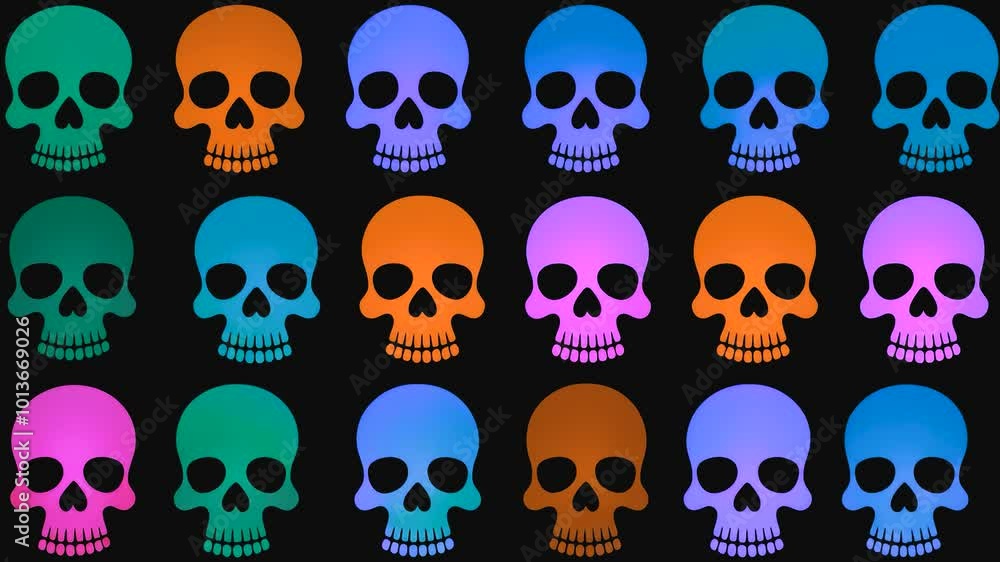 Stop motion cartoon scary loop animation, black background with multicolored skulls in different sizes, abstract halloween background, mexican day of the dead Stop motion cartoon scary loop animation, black background with multicolored skulls in different sizes, abstract halloween background, mexican day of the dead