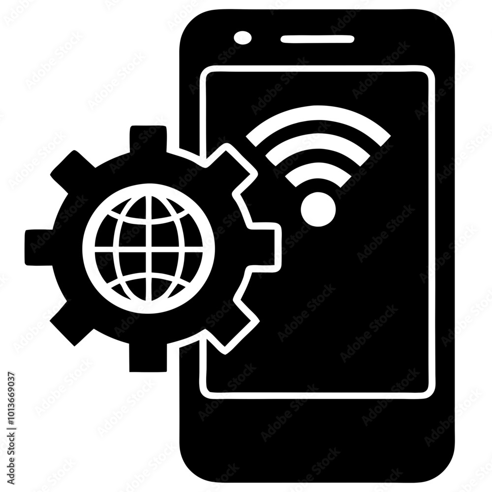 Stylized black smartphone icon with gear and wireless signal, representing technology and connectivity Stylized black smartphone icon with gear and wireless signal, representing technology and connectivity
