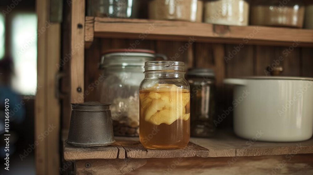 Cozy kitchen with wooden shelf holding jars of honey, pickles, jam, and pot of soup. Casual arrangement with honey jar as main focus. Wooden background and rustic feel. Cozy kitchen with wooden shelf holding jars of honey, pickles, jam, and pot of soup. Casual arrangement with honey jar as main focus. Wooden background and rustic feel.