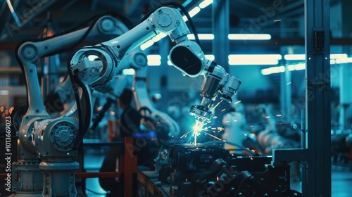 Robotic arm performing precision work in an automated factory. Industrial automation and technology concept.