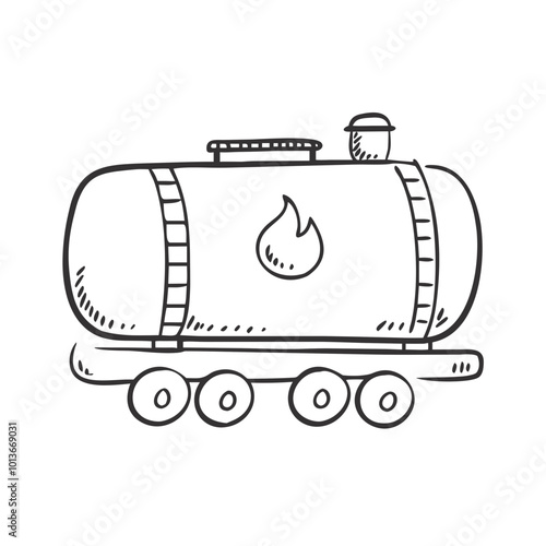 Hand-drawn illustration of a tank car with a flame symbol, representing fuel transportation