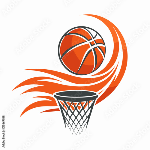Dynamic basketball graphic with ball in motion towards the hoop, showcasing sports and energy