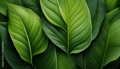 The richness of nature, revealed through a closeup of broad green leaves, emphasizes the calming and serene beauty of the natural world. photo