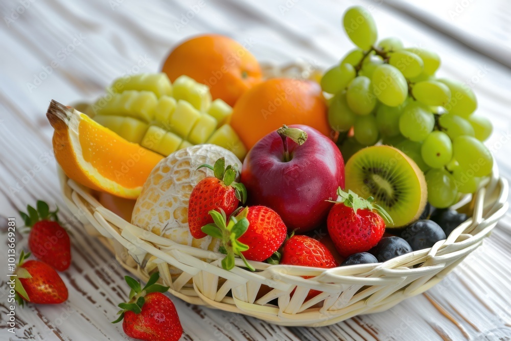 Assorted fresh fruits in a basket on wooden table. Healthy eating and organic food concept. Assorted fresh fruits in a basket on wooden table. Healthy eating and organic food concept.