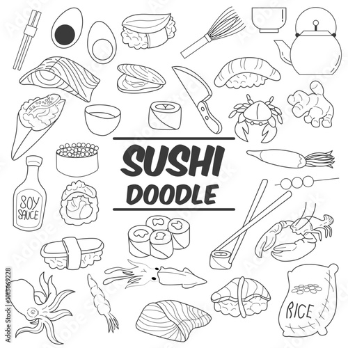Sushi Japan Cousin Traditional Doodle Icons Sketch Hand Made Design Vector illustration Clip Art.