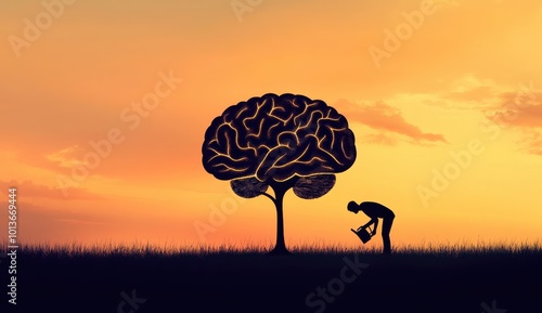 Silhouette of a man watering a tree shaped like a human brain in a field at sunset. Concept for mental health, self-care, and personal growth. Black silhouette against a gradient background