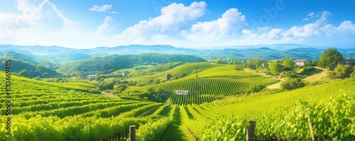 Wallpaper Mural Rolling hills of vibrant green vineyards under clear blue skies, 4K hyperrealistic photo Torontodigital.ca