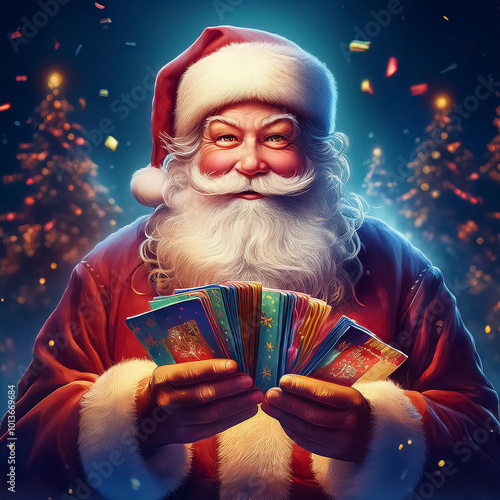 Smiling Santa fanning a handful of gift cards