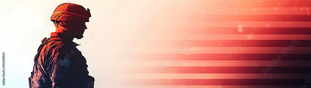 Fototapeta premium Soldier silhouette and flag with We Stand United text concept as A bold abstract vector featuring a soldier silhouette and an American flag isolated on a white background. The text We Stand United is 