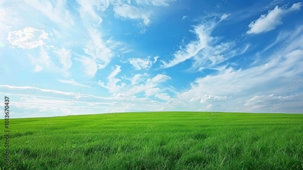 Obraz premium Green meadow under a blue sky with scattered clouds. Nature and environmental concept.