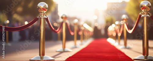 A lavish red carpet lined with golden stanchions awaits guests at a prestigious outdoor event during sunset photo