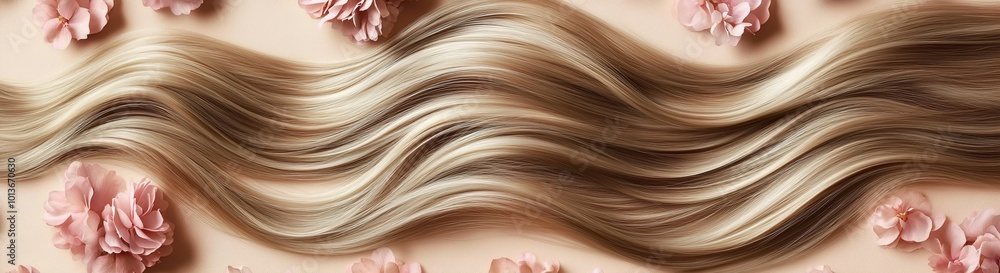 Wavy blonde hair with pink flowers on a beige background
Wavy blonde hair with pink flowers on a beige background