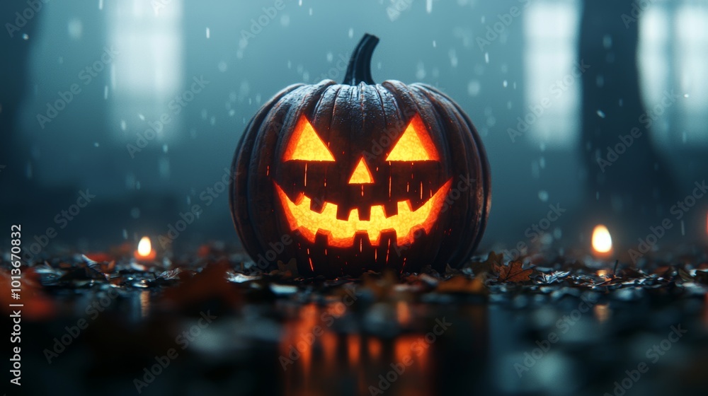 Glowing Jack o Lantern in Rainy Forest with Autumn Leaves Glowing Jack o Lantern in Rainy Forest with Autumn Leaves