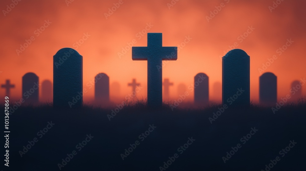 Graveyard at Sunset with Cross and Tombstones Graveyard at Sunset with Cross and Tombstones
